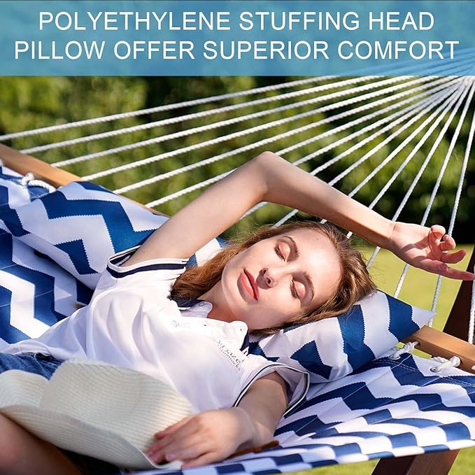 Lazy Daze Hammocks 12FT Quilted Fabric Double Hammock with Spreader Bars and Detachable Pillow, 2 Person Hammock for Outdoor Patio Backyard Poolside, 450 LBS Weight Capacity, Blue Chevron Stripe