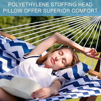 Lazy Daze Hammocks 12FT Quilted Fabric Double Hammock with Spreader Bars and Detachable Pillow, 2 Person Hammock for Outdoor Patio Backyard Poolside, 450 LBS Weight Capacity, Blue Chevron Stripe