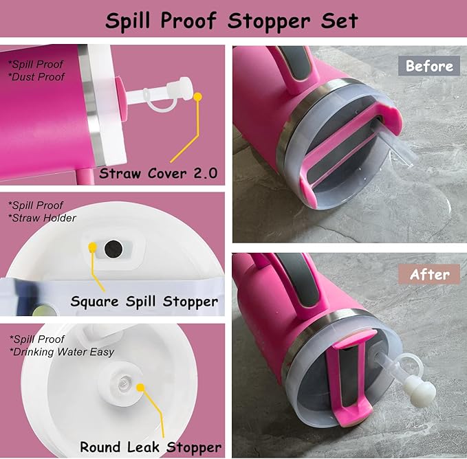 Stanley Cup Accessories Set,Including 2 Pcs 0.4in Straw Cover, 1 Silicone Spill-Proof Stopper Set of 3, 1 Cute Heart Handle Charm, 1 Silicone Boot Fits Stanley 40&30 Oz Tumbler (Fuchsia)