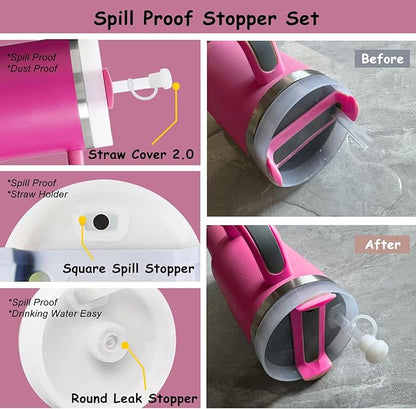 Stanley Cup Accessories Set,Including 2 Pcs 0.4in Straw Cover, 1 Silicone Spill-Proof Stopper Set of 3, 1 Cute Heart Handle Charm, 1 Silicone Boot Fits Stanley 40&30 Oz Tumbler (Fuchsia)