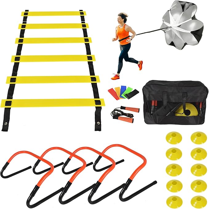 Soccer Training Equipment Set, Multifunctional Football Gear with 4 Adjustable Hurdles 9.8 feet 6 Rungs Agility Speed Ladder