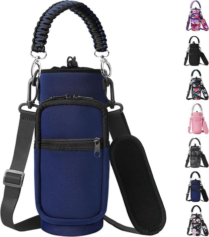 32/40/64/128 oz Neoprene Insulated Water Bottle Carrier Bag, Sling Bag Sleeve Pouch Holder with Strap & Paracord Handle and 2 Pocket for Travelling, Hiking, Camping