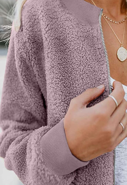 MIROL Women's Fall Trendy Fleece Jacket Faux Sherpa Fuzzy Casual Long Sleeve Zip Up Loose Fit Bomber Winter Coat