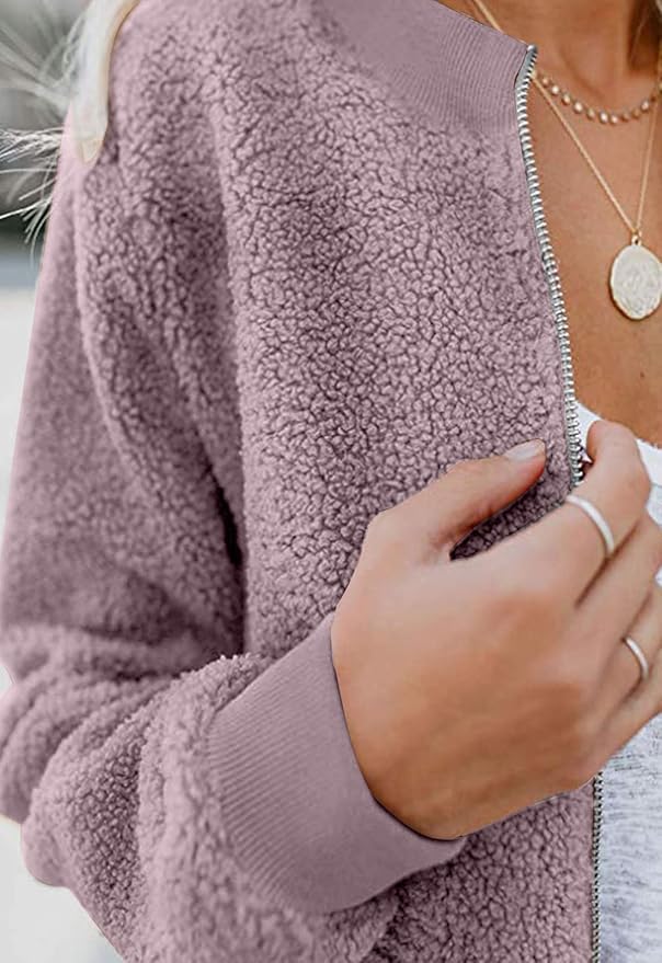 MIROL Women's Fall Trendy Fleece Jacket Faux Sherpa Fuzzy Casual Long Sleeve Zip Up Loose Fit Bomber Winter Coat