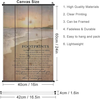Footprints in the Sand Religious Canvas Wall Art Posters, Inspirational Beach Sunset Poem Print Poster (Black Axis 16x24inch, Footprints(1))