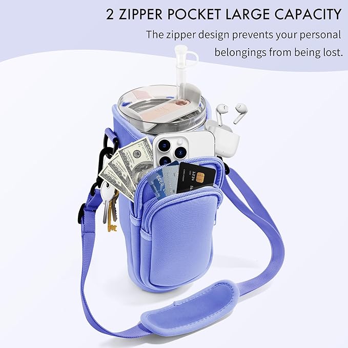Water Bottle Carrier Bag with Phone Pocket for Stanley Cup 40/30 oz, Water Bottle Holder with Adjustable Strap& Straw Cover, Stanley Cup Accessories