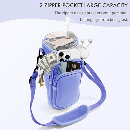 Water Bottle Carrier Bag with Phone Pocket for Stanley Cup 40/30 oz, Water Bottle Holder with Adjustable Strap& Straw Cover, Stanley Cup Accessories