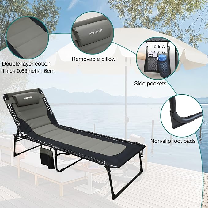 Outdoor Folding Lounge Chair Padded for Adults 264Ibs Patio Chaise Lounge Chair for Outside 5-Position Adjustable Reclining Beach Chair with Pillow Pocket