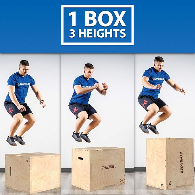 Synergee 3 in 1 Wood Plyometric Box for Jump Training and Conditioning. All in One Jump Trainer. Sizes 30/24/20, 24/20/16, 20/18/16, 16/14/12
