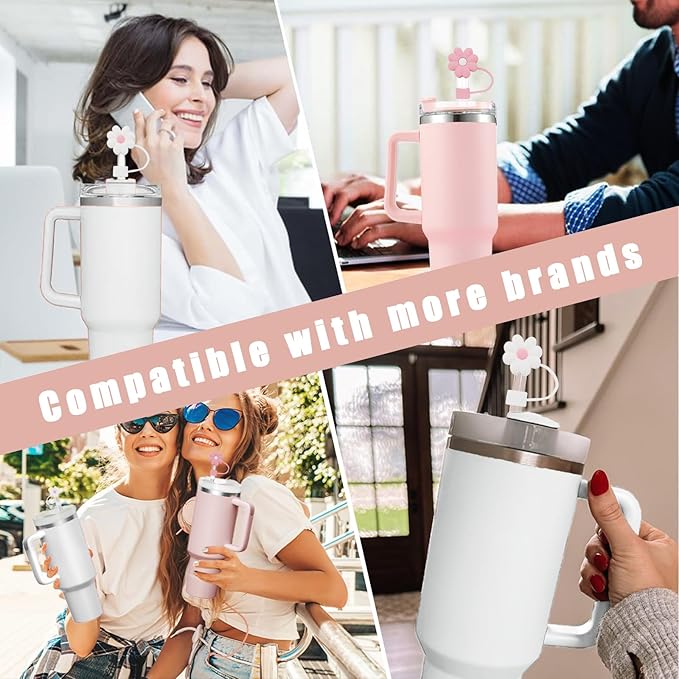 Silicone Straw Covers Toppers for Stanley Cups 30&40 Oz Tumbler Accessories Flower Straw Caps Black Blue Dust-Proof Reusable Straws Tips for Stanley Cup 10mm 0.4in Straws(4PCS)