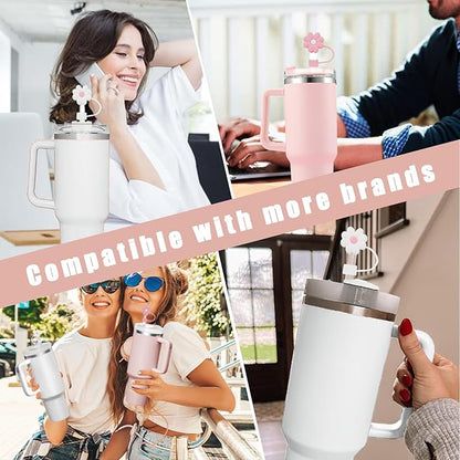 Silicone Straw Covers Toppers for Stanley Cups 30&40 Oz Tumbler Accessories Flower Straw Caps Black Blue Dust-Proof Reusable Straws Tips for Stanley Cup 10mm 0.4in Straws(4PCS)