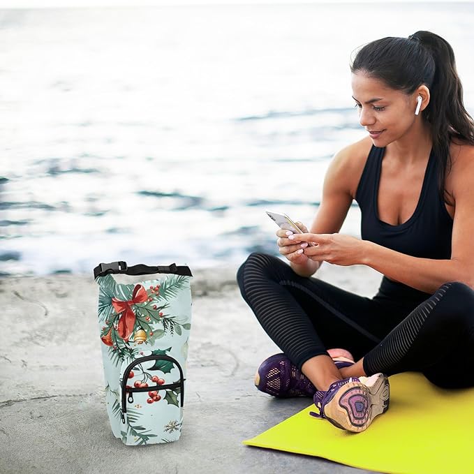 Red Bow Christmas Holly Water Bottle Holder with Strap Insulated Water Bottle Carrier Crossbody Bags Pouch with Phone Pocket for Travel Gym Hiking Walking Running