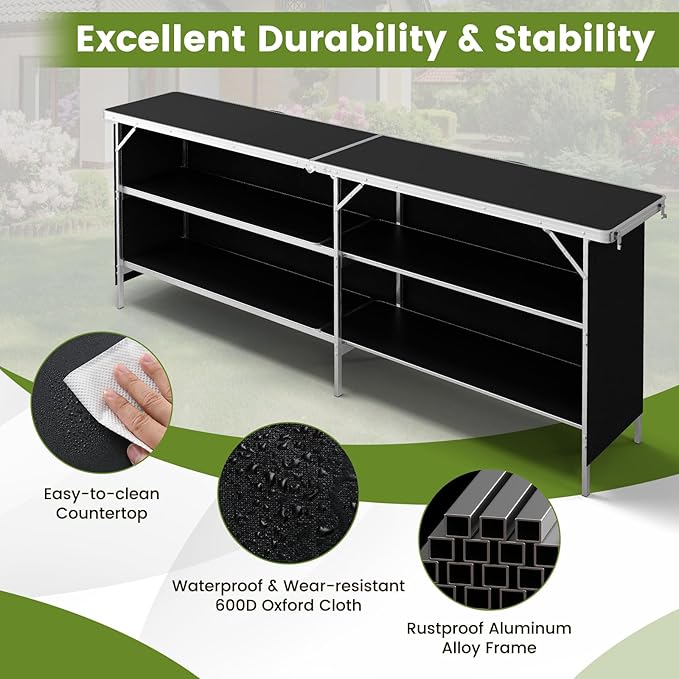 GOFLAME Folding Camping Table, Aluminum Portable Picnic Table w/ 2-Tier Open Shelves & Spacious Tabletop, Carrying Bag Included, Outdoor Large Kitchen Table for Picnic, BBQ, Party, Backyard (Black)