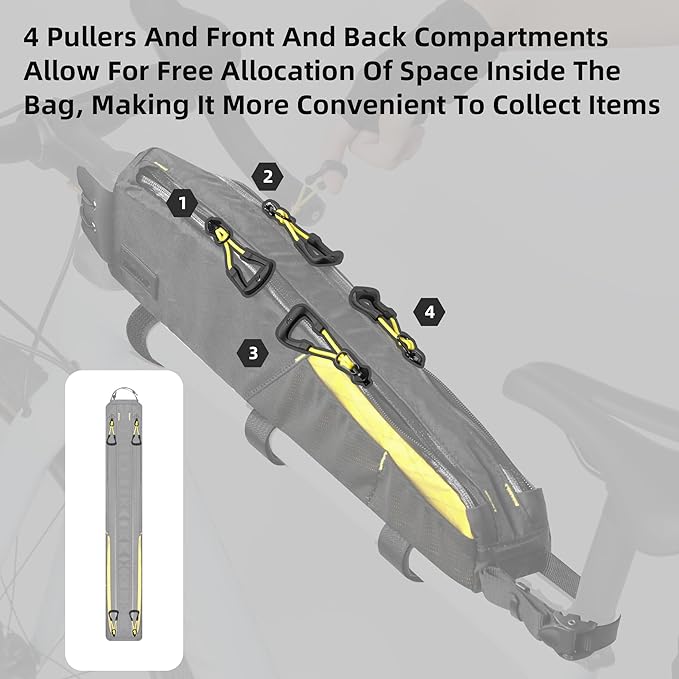 Rhinowalk Bike Frame Bag 2.1L, Waterproof Front Tube Bag with Dual Compartments, YKK Zipper, Phone Storage & Cable Port – Fits Most Bikes – Black+Yellow