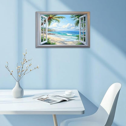 ANRUOXI Beach Wall Art, Blue Ocean Canvas Prints Wall Decor, Window Frame Style Sea Canvas Wall Decor, Ocean Seaside Painting, Nature Coastal Landscape Framed Artwork for Living Room Office 18x24 Inch