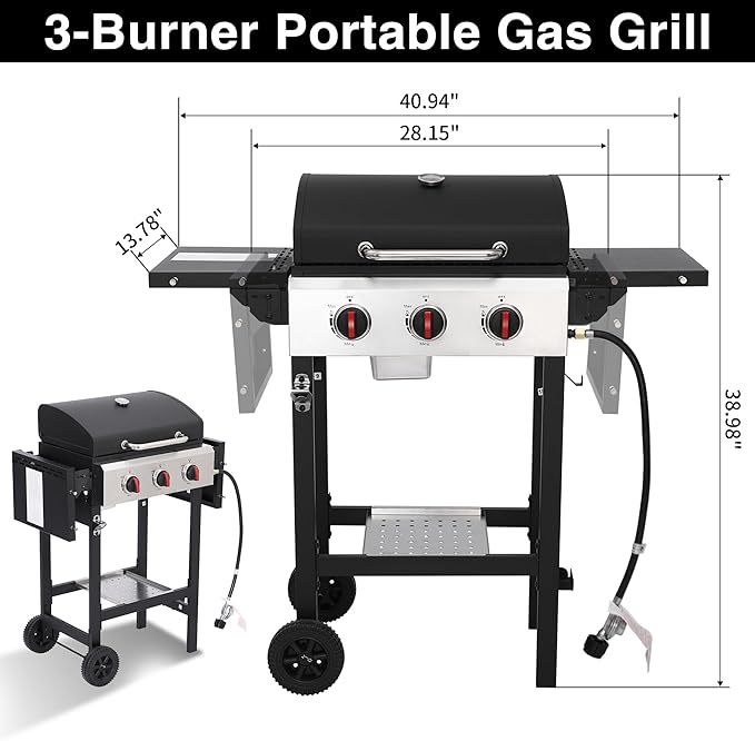 Propane Gas Grill with Folding Side Tables, 3-Burner Gas Grill with Cast Iron Grates and Stainless Steel Griddle Pan, Outdoor BBQ Grill Portable with Wheels 30000 BTU Output