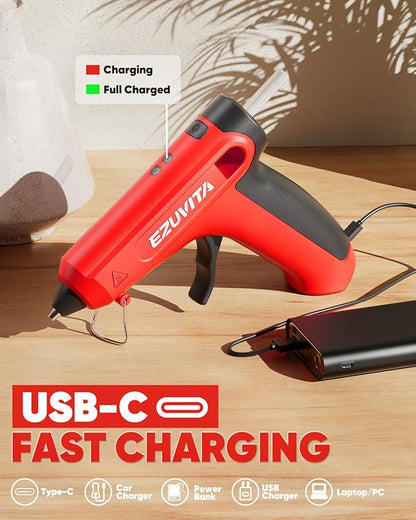 4V Red Cordless Hot Glue Gun Kit with 30 Multi-Color Glue Gun Sticks, Fast Preheating, USB-C Rechargeable with 2600mAh Built-in Battery, Less-Drip Hot Melt Glue Gun for DIY, Crafting, Art