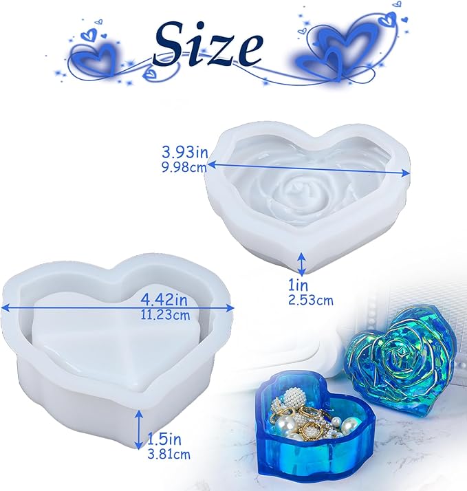 Heart Jar Resin Mold with Rose Lid Epoxy Resin Storage Box Casting Molds DIY Jewelry Trinket Candy Container Silicone Mould Concrete Cement Plaster Planter Candle Vessel Craft Silicone Molds