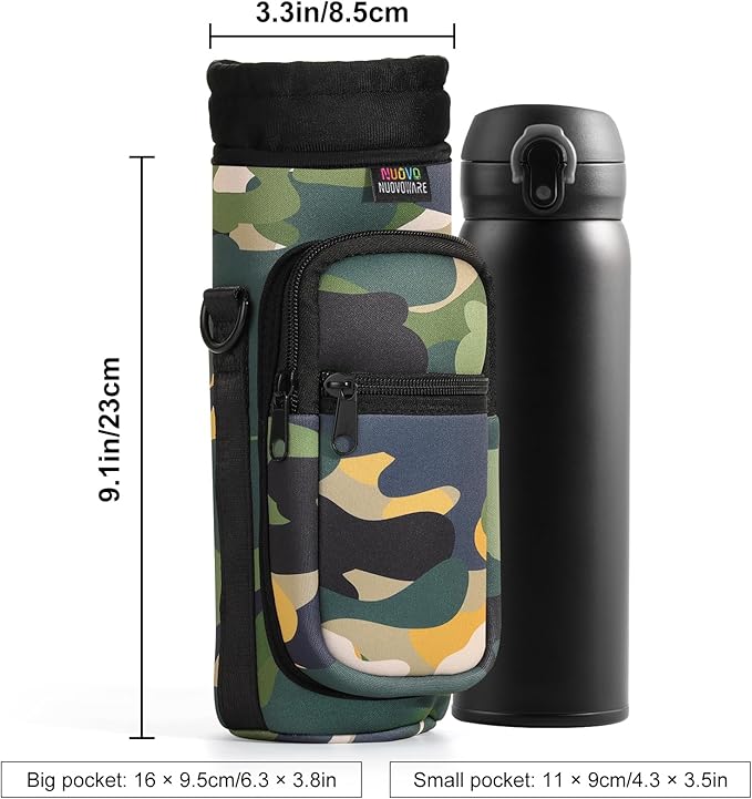 Nuovoware Water Bottle Carrier Bag,25oz/40oz/64oz Bottle Pouch Holder,Adjustable Shoulder Hand Strap 2 Pocket Sling Neoprene Sleeve Sports Accessories for Hiking Travelling Camping