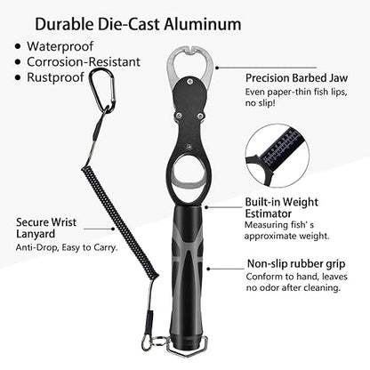 Eupheng 11.4'' Heavy-Duty Fish Gripper with Scale Rustproof Aluminum Body, Non-Slip Rubber Handle, Built-in Weight Estimator & Wrist Lanyard