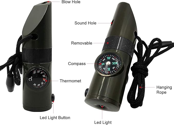 2 Pack Emergency Survival Whistle, 3-in-1 Emergency Whistles with Compass and Thermometer, Loud Safety Whistle with Lanyard for Outdoor Hiking