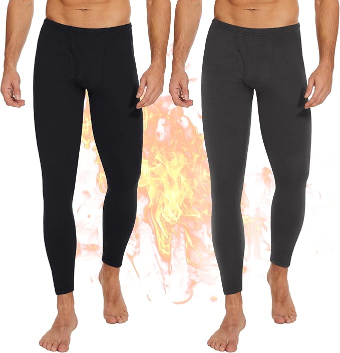 2 Pack Thermal Underwear for Men Pants Long Johns Bottoms Base Layer Cold Weather Fleece Lined Leggings