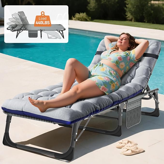 MOPHOTO Folding Lounge Chair 5-Position, Folding Cot, Portable Outdoor Chaise Lounge Chair for Sun Tanning, Perfect for Pool Beach Patio Sunbathing