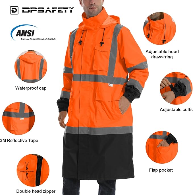 Hi Vis Rain Jacket with 3M Reflective Stripe,High Visibility Class 3 Rain coats,Safety Waterproof Rain Suits for Men with Hood and 2 Large Pockets construction work rain gear(Orange 5XL)