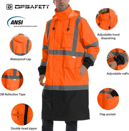Hi Vis Rain Jacket with 3M Reflective Stripe,High Visibility Class 3 Rain coats,Safety Waterproof Rain Suits for Men with Hood and 2 Large Pockets construction work rain gear(Orange L)