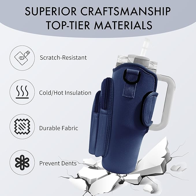 Water Bottle Carrier Bag with Phone Pocket for Stanley Cup 40/30 oz, Water Bottle Holder with Adjustable Strap& Straw Cover, Stanley Cup Accessories