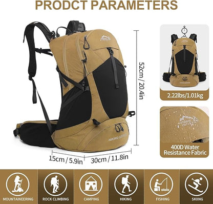 Hiking Backpack, Waterproof Hiking Daypack with 3L Water Bladder and Rain Cover, Lightweight Travel Camping Backpack for Men Women (Khaki)