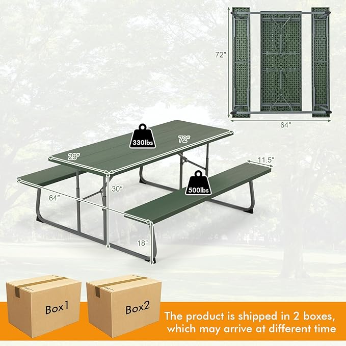 Tangkula 6 Ft Folding Picnic Table, Outdoor 8 Person Large Picnic Table Set with 2 Built-in Benches, Umbrella Hole, Metal Frame & HDPE Tabletop for Garden, Backyard (Green)