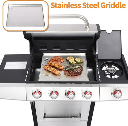 Cookit 4-Burner Gas Grill with Side Burner, 49,000 BTU Output - Double-layer Stainless Steel Grill Lid, Cast Iron Grates, Griddle & Charcoal Pan, Easy-Clean Grease Management for Perfect BBQs