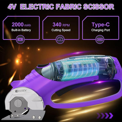 Cordless Electric Scissors,4V Rechargeable Cardboard & Carpet Cutter,Electric Self-Sharpening Rotary Cutter for Fabric,Heavy Duty Scissor with LED Light for Crafts Leather or Plastic Packages,Purple