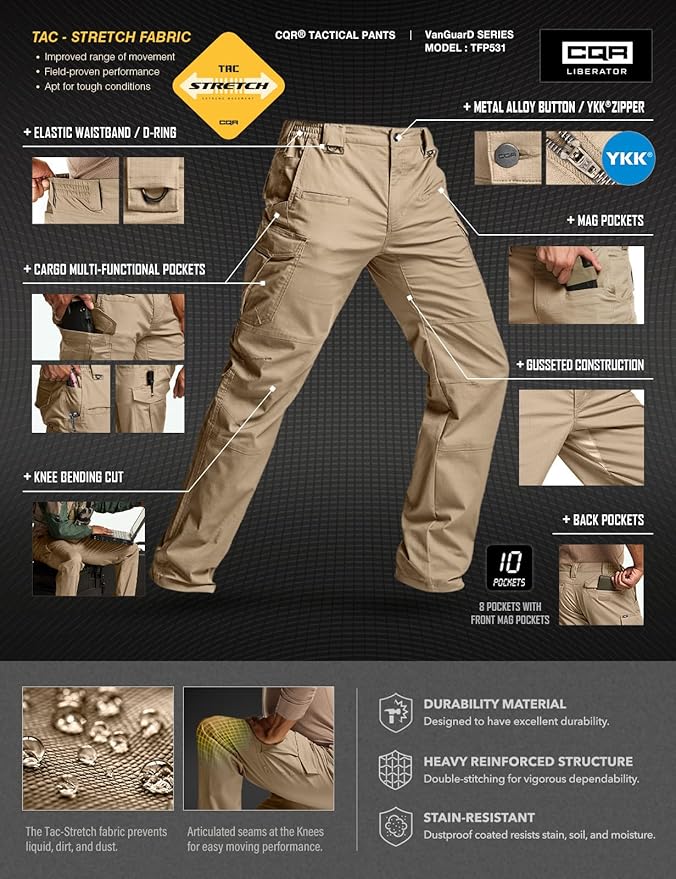 CQR Men's Flex Stretch Tactical Pants, Water Resistant Ripstop Cargo Pants, Lightweight EDC Outdoor Work Hiking Pants