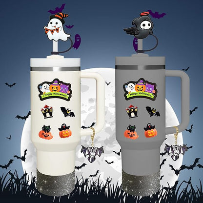 Stanley Cup Accessories Set,Including 3 Pcs 0.4in Halloween Straw Cover, 5 Pcs Halloween 3D&Flat Stickers, 1 Pcs Handle Charm, 1 Silicone Boot Fits Stanley 40&30 Oz Tumbler (Glitter Black)