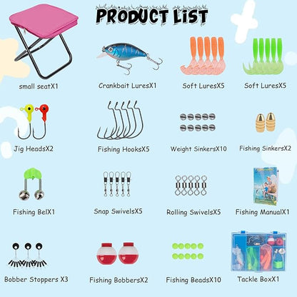 Kids Fishing Pole Set, Telescopic Fishing Rod Reel Combo Kids Starter Kit with Lures Tackle Box, Foldable Stool and Portable Bag for Boys Girls Younth