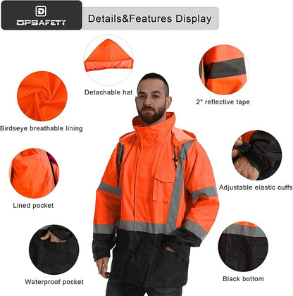 Reflective Rain jackets for men waterproof,Hi Vis Safety Coat With Reflective Strips，High Visibility Class 3 Rain jackets With 2 large pockets，Zipper,Black Bottom Orange,SM/MD