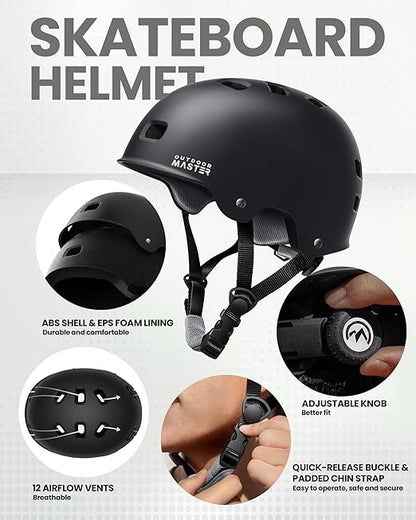 OutdoorMaster Skate Protective Gear Set for Adult & Youth, Skateboard Helmet Knee and Elbow Pads with Wrist Guards for Scooter, Inline Roller Skating, Skateboarding