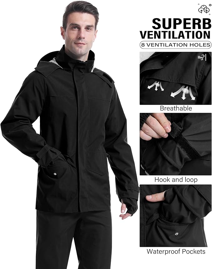 iCreek Rain Suit Waterproof Jacket with Pants 2 Pieces Breathable Lightweight Packable Raincoat with Hooded Rain Gear Unisex