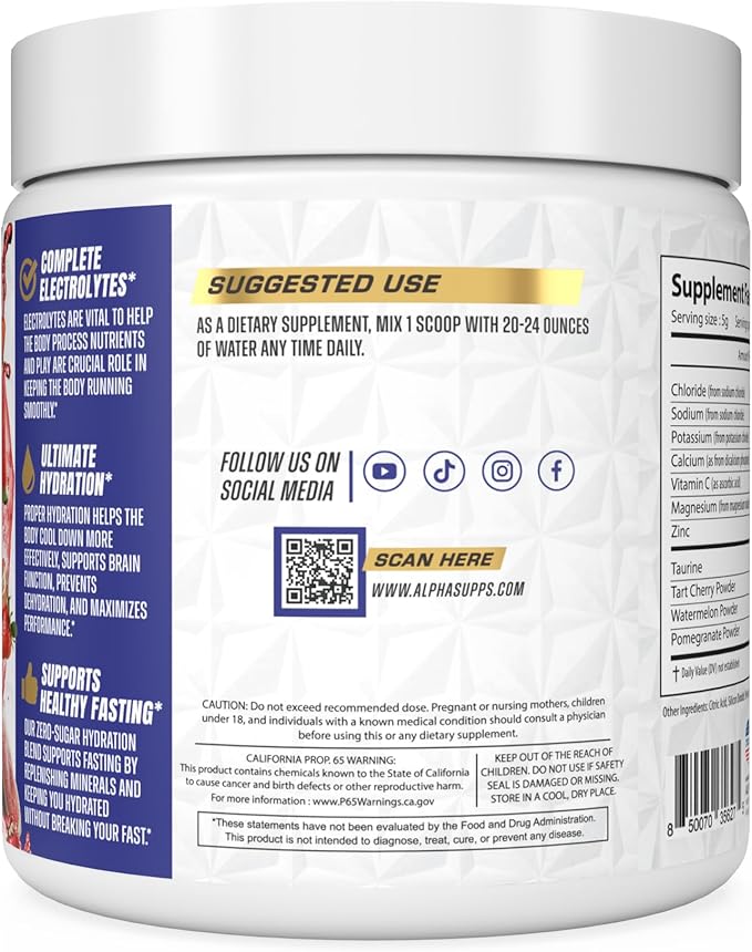Alpha Lytes - Electrolyte Powder Daily Hydration Drink Mix - Sugar-Free, Zero Calorie Instant Formula with Trace Minerals and Antioxidants (60 Servings, Salted Watermelon Strawberry)