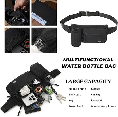 Waist Pack with Water Bottle Holder for Men Women Waist Bag Running Waist Pack Waterproof for Outdoor Travel Cycling Climbing Walking Fit All Phones (Bottle Not Included)(Black)