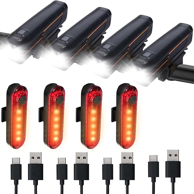 KunHe 227 Lumens 1600mAh Bike Light Set (1or2or4 or 8 Packs) Rechargeable Front & Rear Bicycle Lights with IPX4 Waterproof 4 Modes for Night Cycling