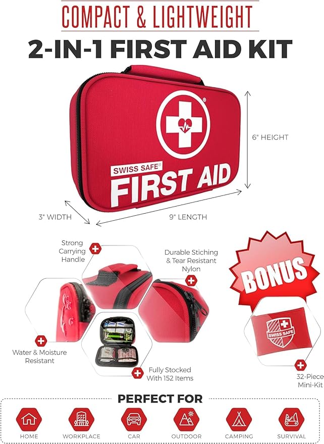 Swiss Safe 2-in-1 First Aid Kit for Car, Travel & Home, Businesses - Bonus Mini Kit for Medical Emergency Aid, Survival, Camping - 120+32 Pcs, Small+Travel FAK