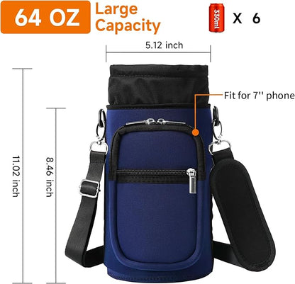 32/40/64/128 oz Neoprene Insulated Water Bottle Carrier Bag, Sling Bag Sleeve Pouch Holder with Strap & Paracord Handle and 2 Pocket for Travelling, Hiking, Camping
