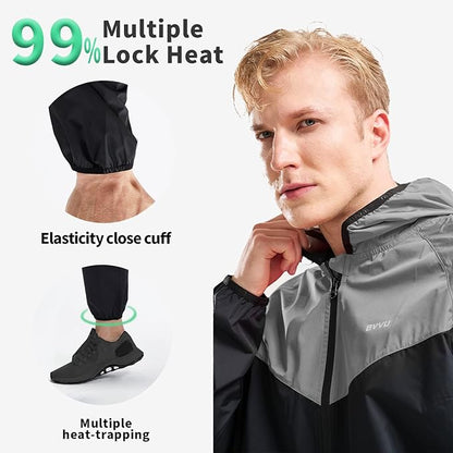 BVVU Sauna Suit for Men Zipper Sweat Suits with Hood Sauna Jacket Pants Gym Workout Full Body