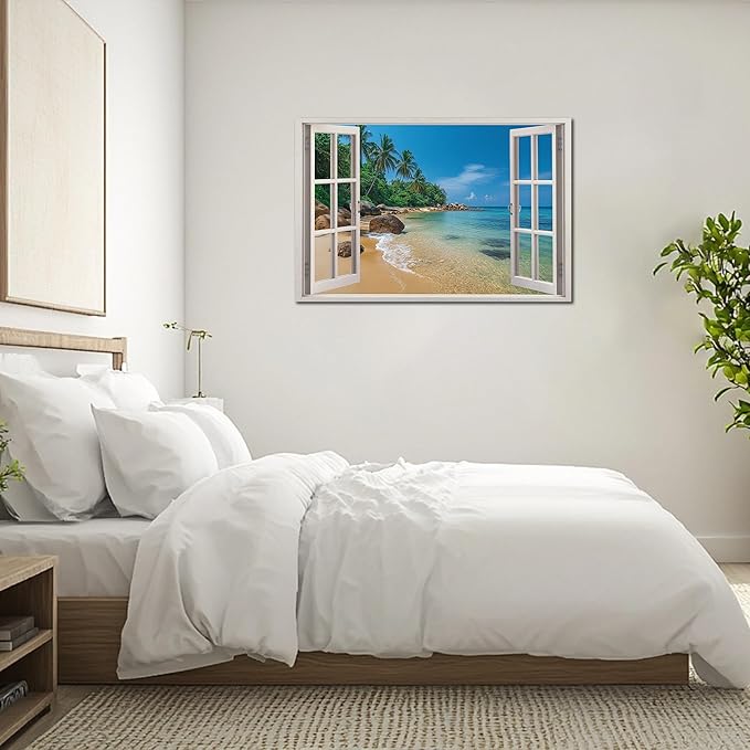 ANRUOXI Beach Pictures Wall Art Decor for Living Room, Blue Ocean Painting Decor for Bedroom, White Window Frame Style Palm Trees Canvas Wall Decor, Coastal View Artwork for Bedroom Office 32x48 Inch