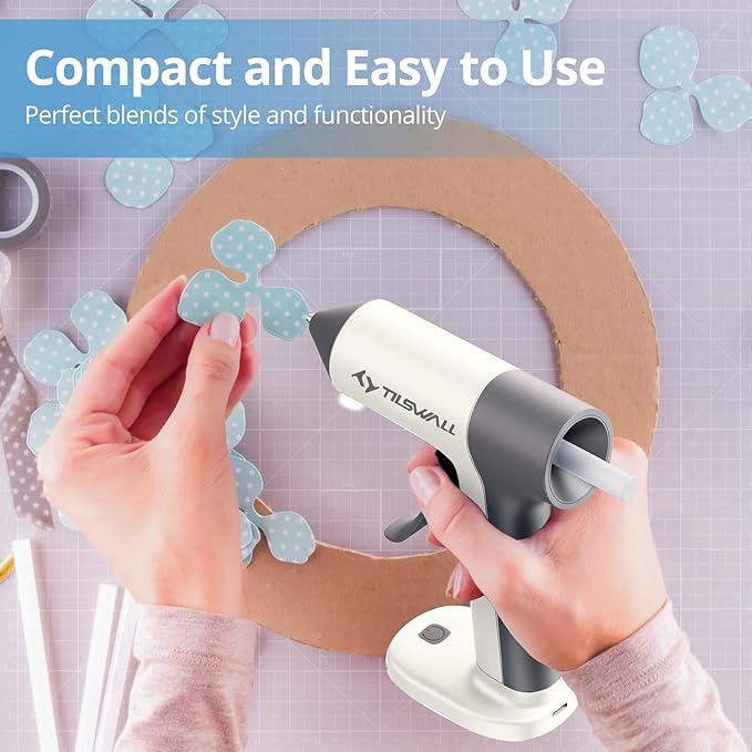 Tilswall 4V Cordless Hot Glue Gun, Rapid 30s Preheat with 20 Premium Glue Sticks (20x140mm), 2000mAh Type-C Rechargeable, Ideal for DIY Crafts, Home Repairs, and Gift Making - White