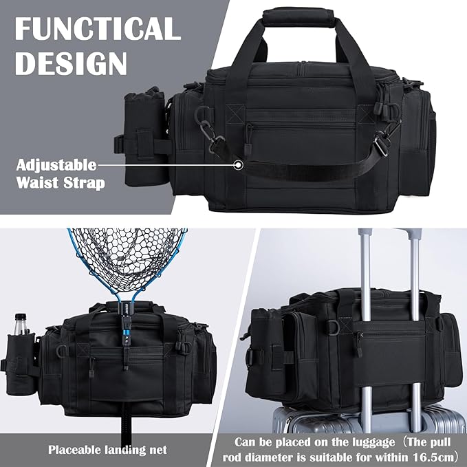 Goture Fishing Tackle Bag,Store Up to 4PCS 3700 Tackle Boxes(Not Included),600D Soft Side Water-Resistant Saltwater Gear Storage Fishing Bag with Rod Strap,Detachable Water Bottle Pouch,Gifts for Men