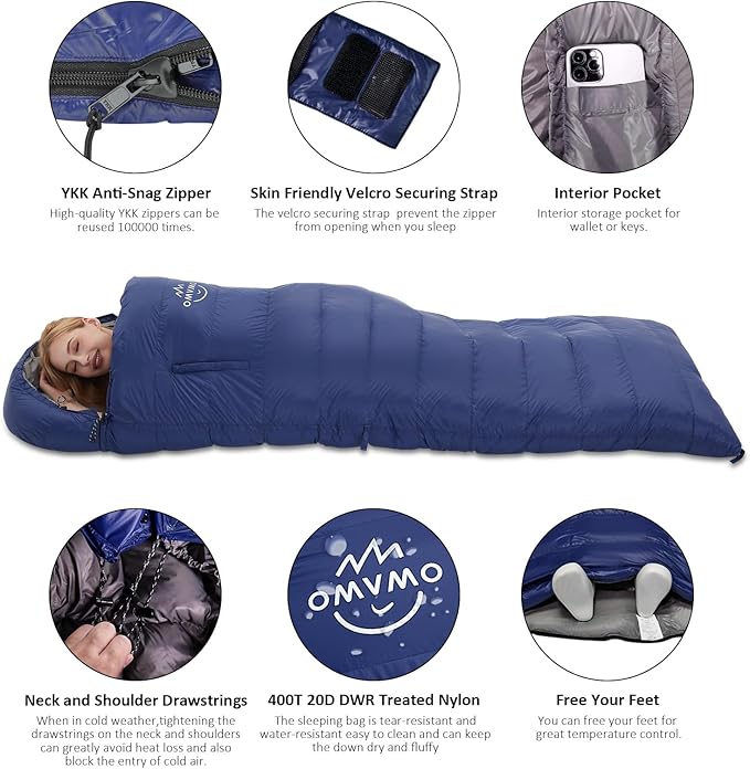 0-20 Degrees F Down Sleeping Bag for Adults - 4 Season Envelope With Arm Holes, Wearable for Backpacking Camping - Ultralight, Compact, Move Freely While Wearing